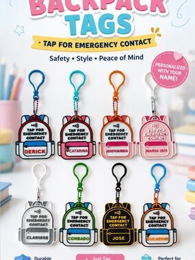 Personalized Emergency Contact Backpack Tag Keychain - Pink